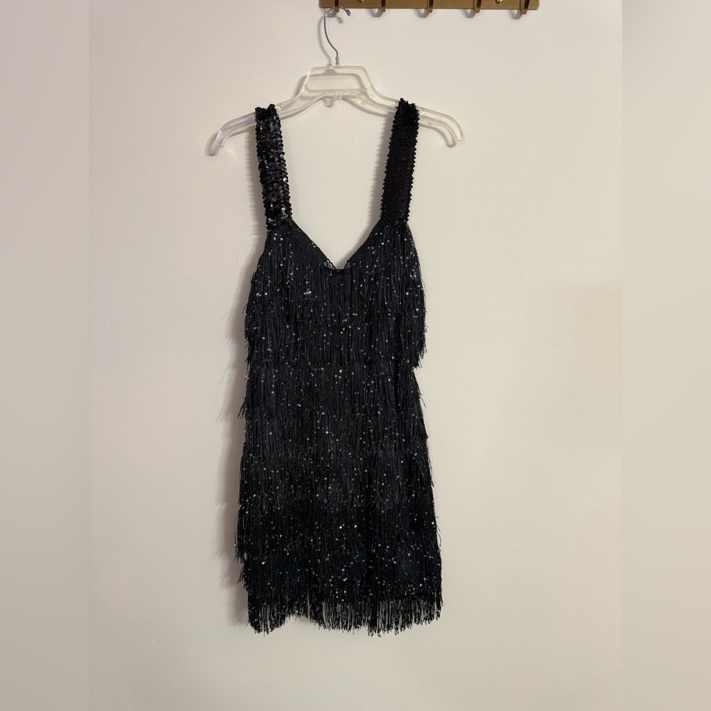 Vintage Vassarrette Black Beaded Sequin Fringe Dress Sz 38 S Small